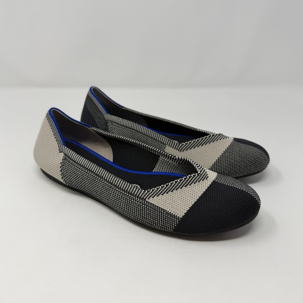 Rothy's The Flat Cap Toe Black White Gray Geometric Colorblock Knit Shoes 6.5